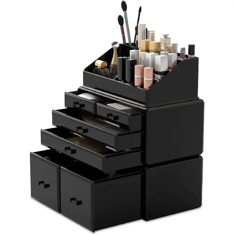 Makeup Organizer 3 Pieces Cosmetic Storage Case with 6 Drawers (Black)