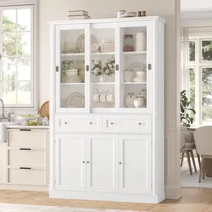 FOTOSOK 73" White Freestanding Pantry Cabinet with 3 Sliding Glass Doors & 2 Drawers | Modern Kitchen & Dining Storage Cupboard