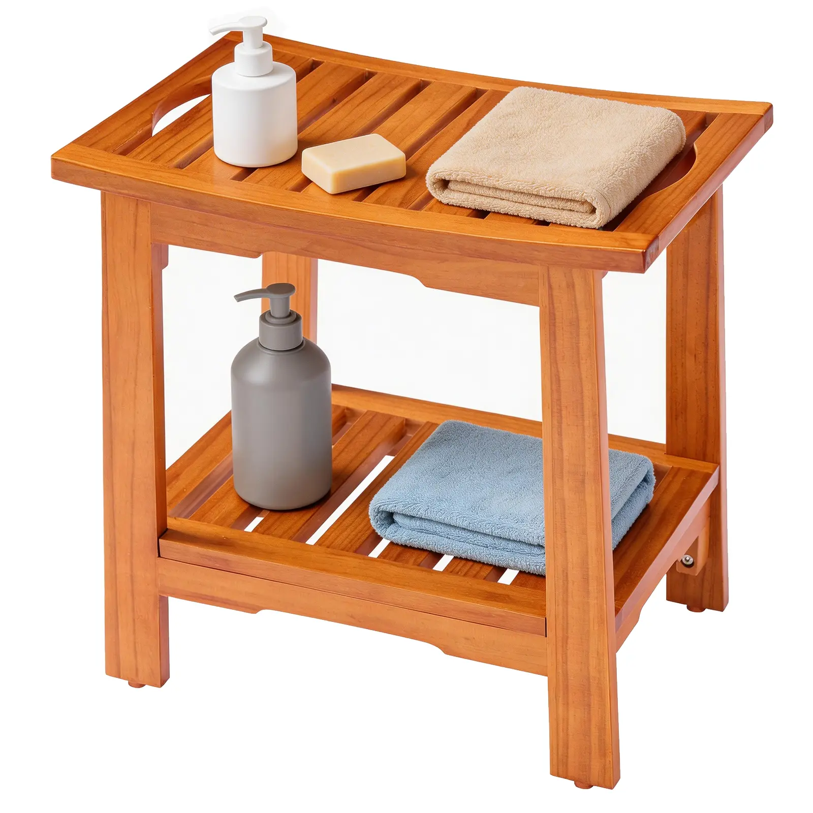 Sweetcrispy Wooden Pine Shower Bench, 18" Waterproof Shower Stool for Inside Shower, 250 LBS Capacity, Non-Slip Bathroom Bench with Shelf & Handles for Bathroom, Indoor or Outdoor Use, Brown