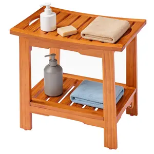 Wooden Pine Shower Bench, 18" Waterproof Shower Stool for Inside Shower, 250 LBS Capacity, Non-Slip Bathroom Bench with Shelf & Handles for Bathroom, Indoor or Outdoor Use, Brown