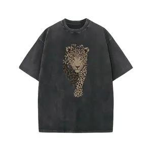 Men's Vintage Washed T-shirt - Leopard Head Print  - Cotton Heavyweight , Crew Neck Short Sleeve, Machine Washable, Spring and Summer Casual Wear, Loose Fit T-shirt