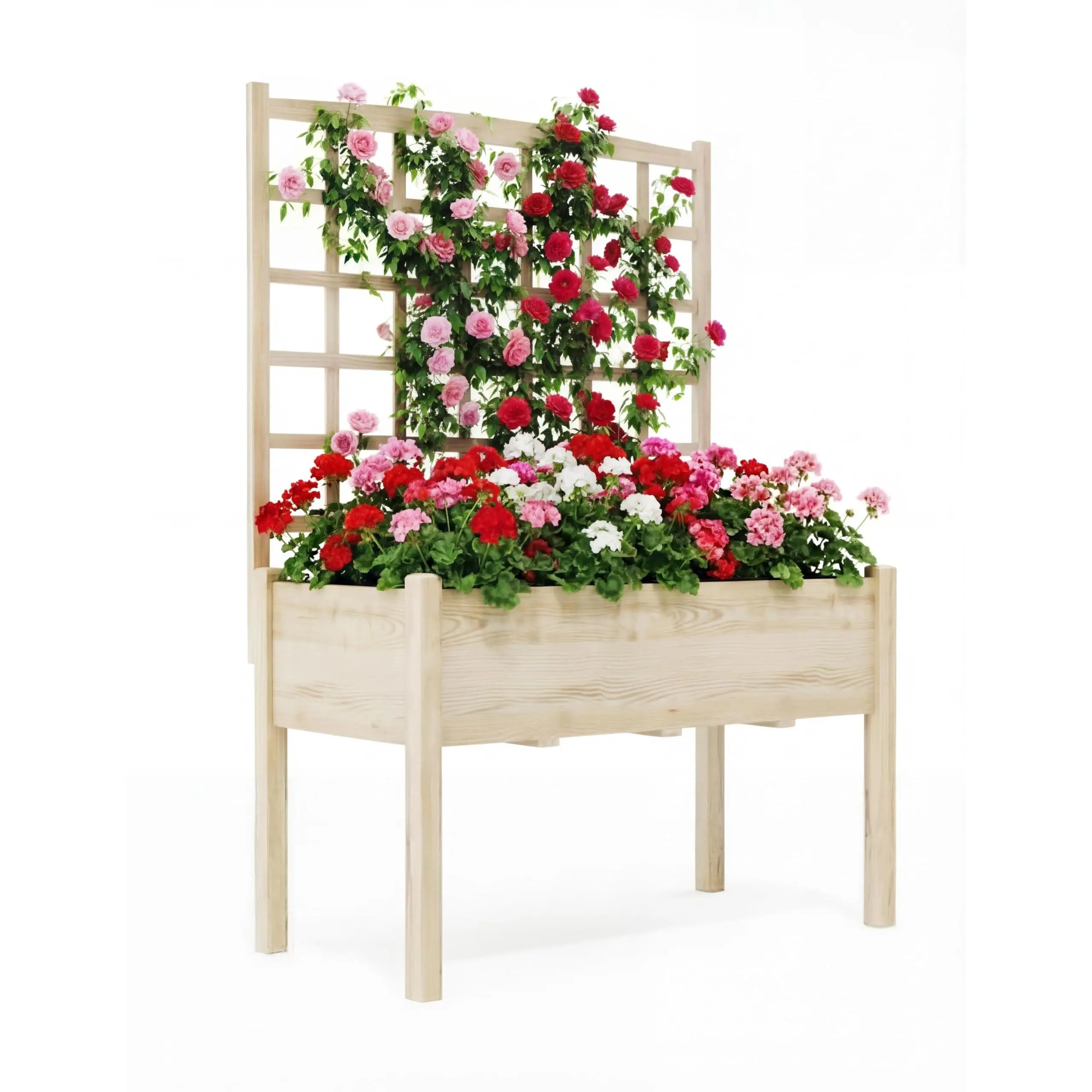 Fir Wood Raised Garden Bed with Trellis - 46"x23"x65" Ergonomic Height Raised Planting Box with Legs, Liner, Drainage Holes, Natural Wood Finish for Flower Garden, Backyard Gardening, Vertical Gardening, Outdoor