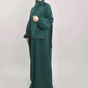 YNeedN Muslim Solid Color Scarf Robe Dress Nidah MS267# Green Long Sleeve Maxi Plus Size Hijab Modest Clothing for Women