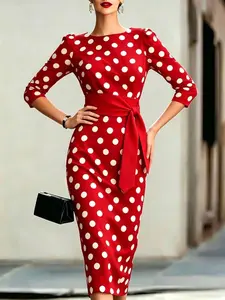 Women's Summer New Fashion Elegant Chic Polka Dot Bodycon Dress with Waist Belt, Stylish and Comfortable, Perfect for Daily Wear