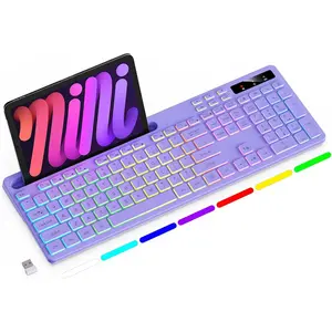 Keyboard with 7-Color RGB Backlit, Full-Size  Keyboard with Phone Tablet Holder, 2.4G Rechargeable Gaming Keyboard with Light Up , Compatible with , Windows ()