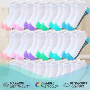 Girls' Cotton Low Cut Sports Ankle Socks, 18-Pair Pack - Breathable Durable Casual Daily Socks for Kids, Perfect for School, Gym, Everyday Wear