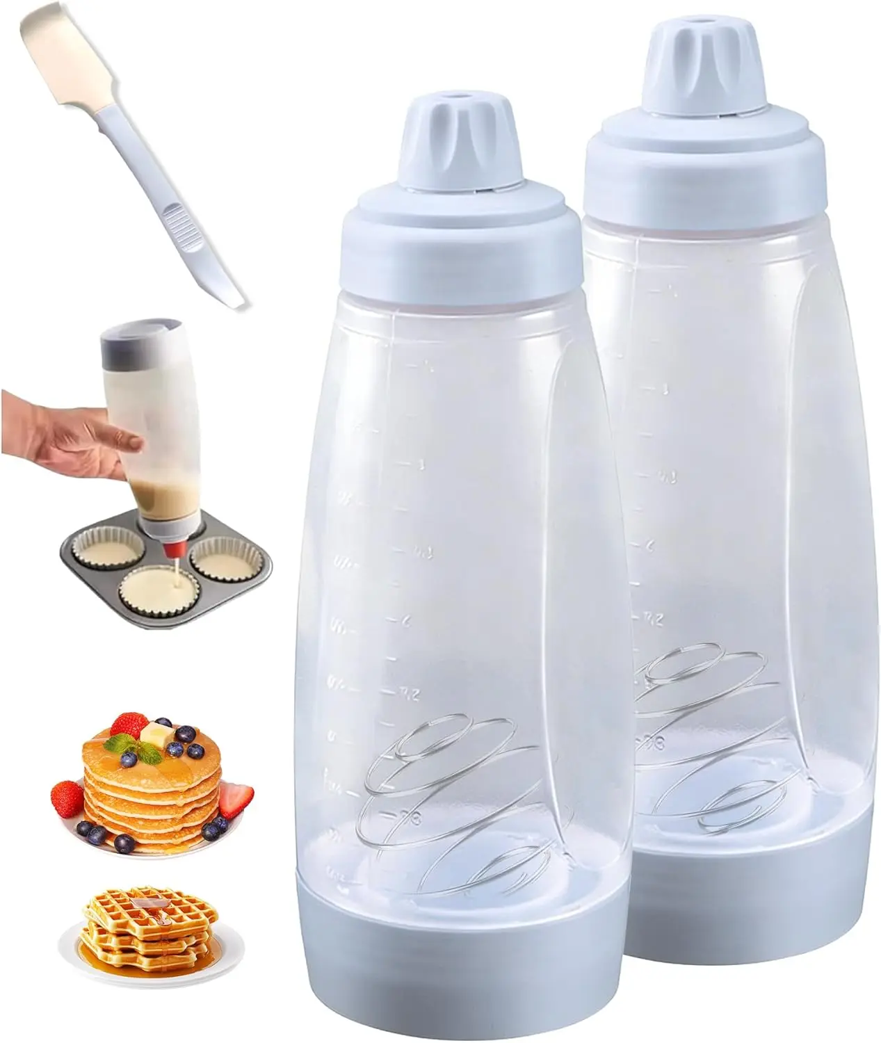 2 Pack Pancake Batter Dispenser, Pancake Batter Dispenser Bottle with 1000ml - Large Capacity No-Mess Batter Mix Dispenser for Pancakes, Waffles, Cupcakes, Crepes - Kitchen Baking Tool | Large Capacity No-Mess Batter Mix Dispenser