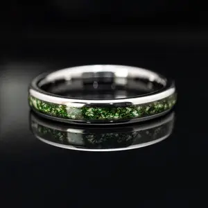 4mm Moss Agate Ring Silver Tungsten Wedding Ring - Mens & Womens Ring