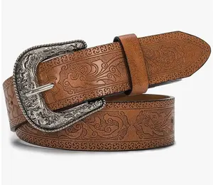 Velvetods Basics Adjustable Western PU Leather Cowboy Waist Belt with Engraved Buckle for Everyday Wear, Western Leather Belt, Pu Leather Belts