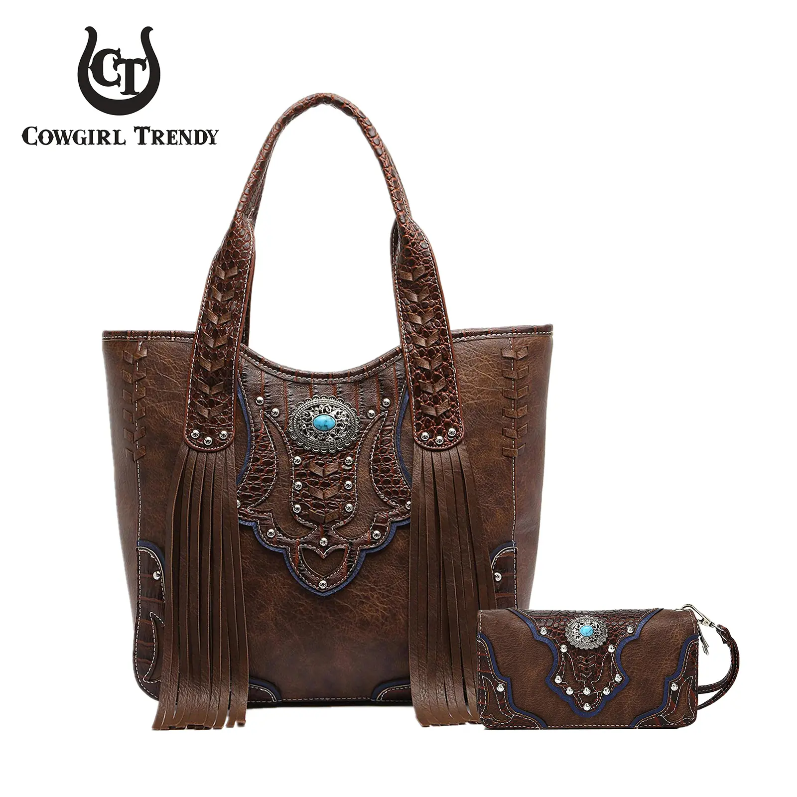 Women's Boho Western Turquoise-Studded 2-Piece Tote & Wristlet Bag Combo, Casual Purse, Stylish Women's Tote Bag for Everyday Use Fashionable Patterned Bag Fashion Bags