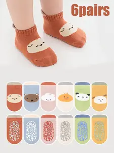 6 Pairs Children Socks Baby Walking Socks Boys Girls Indoor Anti-Slip Floor Socks Cartoon Pattern Animal Print Slim-Fitting