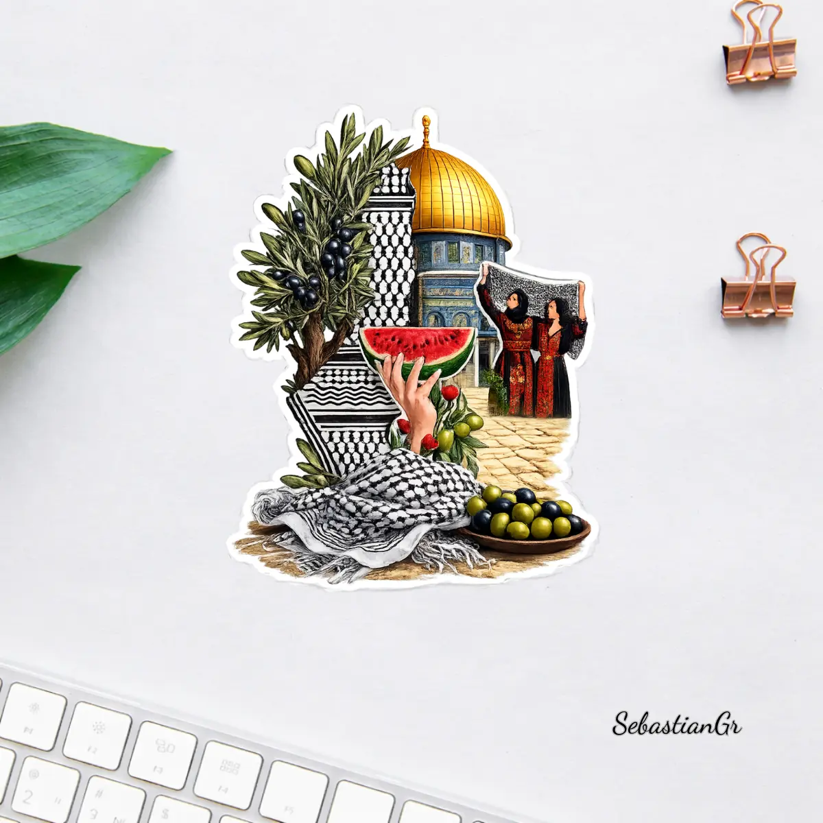 Palestine Heritage Sticker, Dome of the Rock & Olive Tree Art, Keffiyeh Watermelon Culture Decal, Middle East Vinyl Sticker