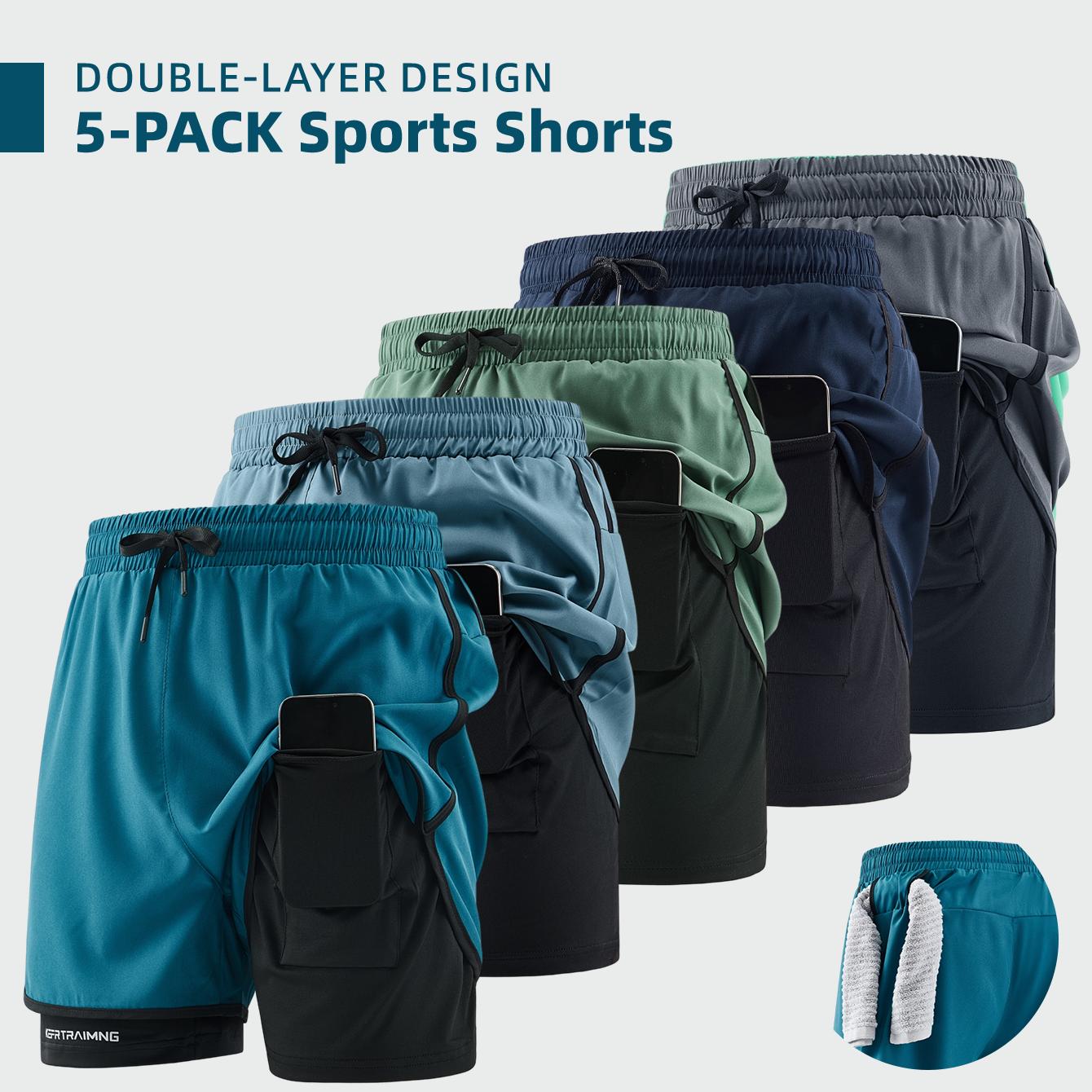 Men’s 5-pack double-layer faux two-piece running shorts with phone pocket and towel loop; quick-drying, breathable, anti-exposure design; lightweight and comfortable; versatile for running, fitness, basketball training, everyday commuting.