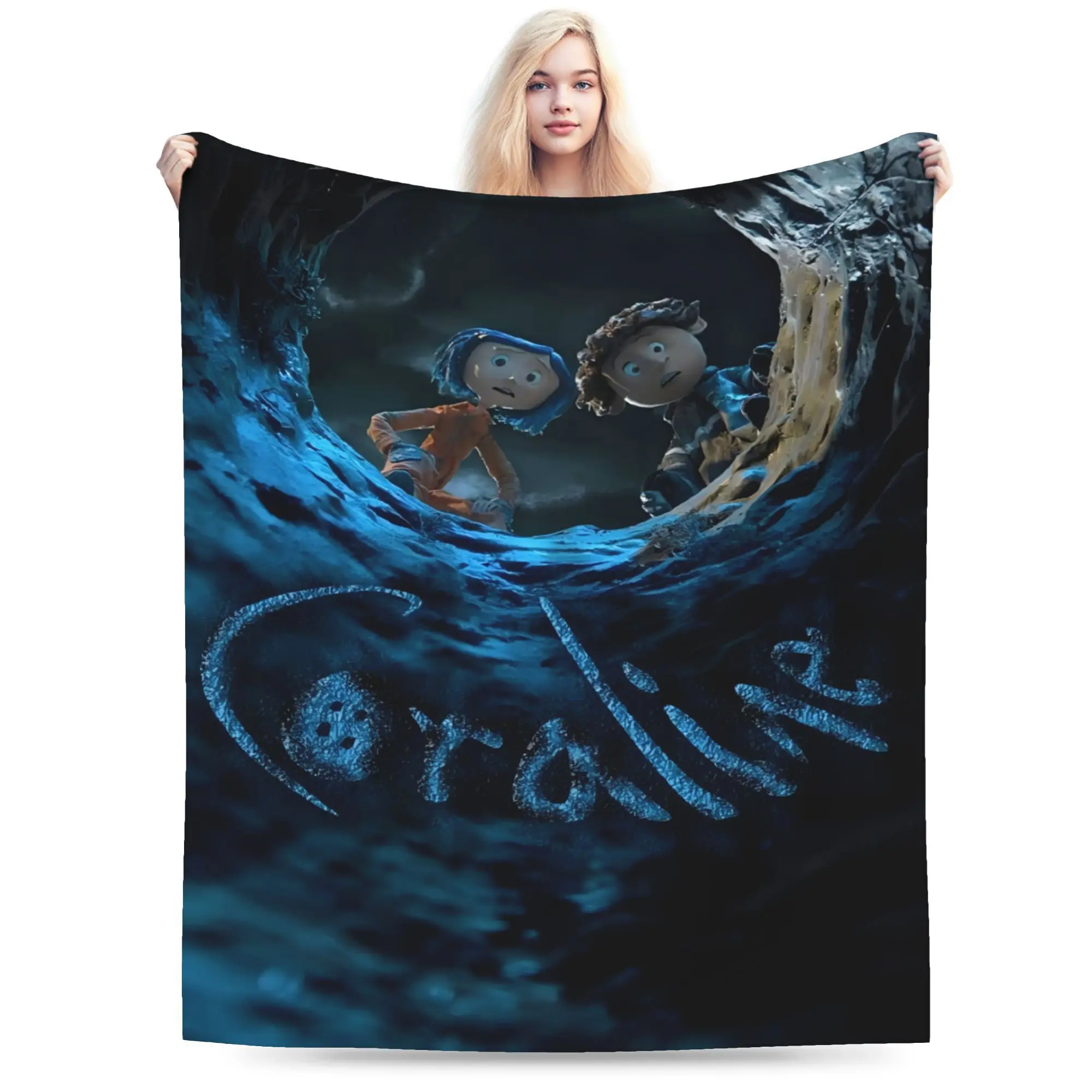 Coraline Movie Theme Graphic Blanket - Soft Flannel, Machine Washable, Whimsical Cartoon, Illustrated Character, Soft Colorful All-Season Blanket for Sofa, Travel, Machine Washable Blanket, Graphic Blankets
