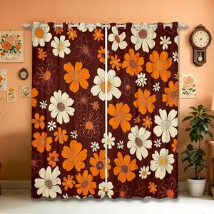70s Groovy Flowers Curtain,Hippie Retro Farmhouse Plant Window Drapes for Girls Boys,Brown White Yellow Floral Window Treatment Curtains for Living Room