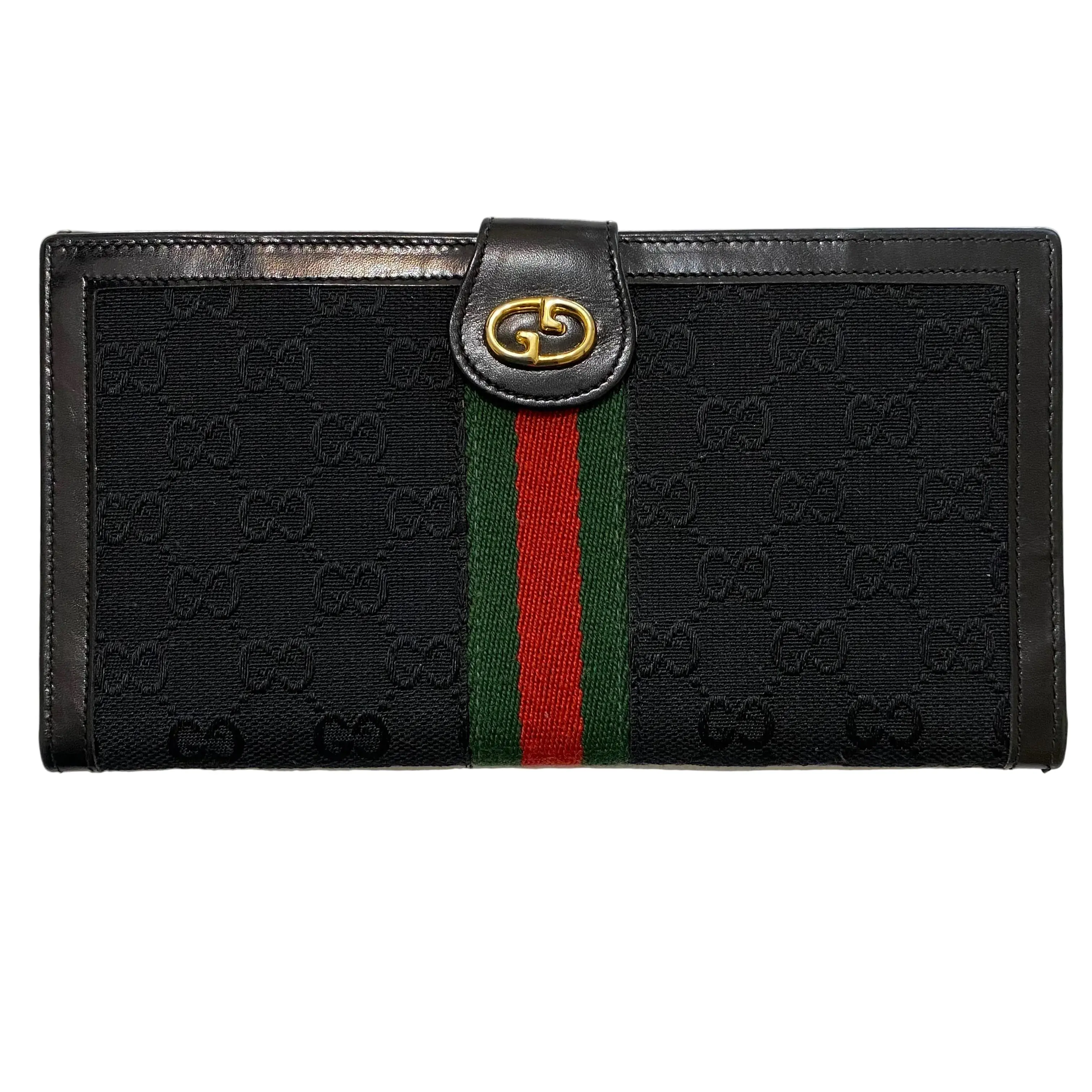 Pre-owned GUCCI long wallet  Small Leather Goods black vintage sherry line wallet Authentic with coa 75x4