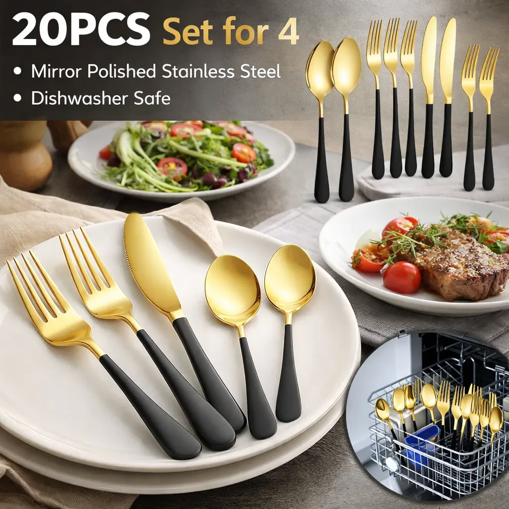 20pcs Black & Gold Stainless Steel Tableware Set - 18/0 Flatware Service for 4, Modern Knives/Forks/Spoons, Dishwasher Safe, Housewarming Gift for Dinner Table, New Apartment Celebration, Parents' Anniversary