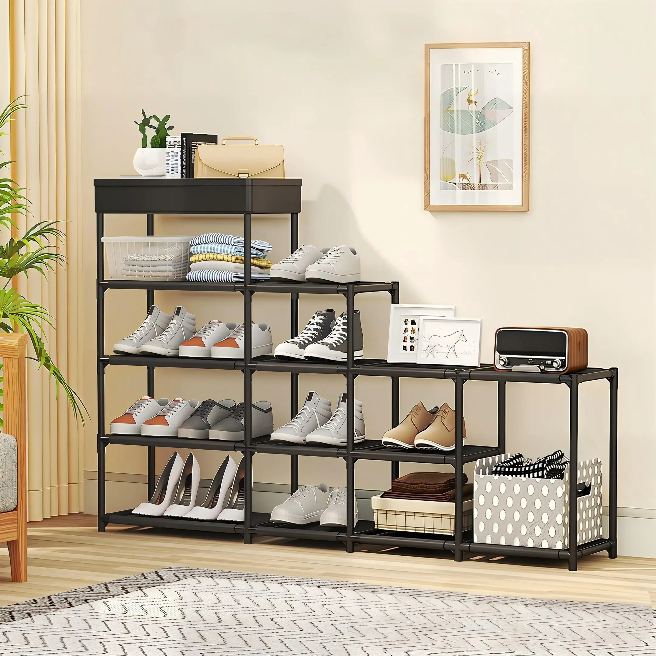 Adjustable Modular Metal Shoe Rack Organizer, Multi-Tier Expandable Free Standing Shoe Storage Shelf with Top Drawer, Heavy Duty Space Saving Shoe Organizer for Entryway, Closet, Bedroom & Living Room, Black NONE