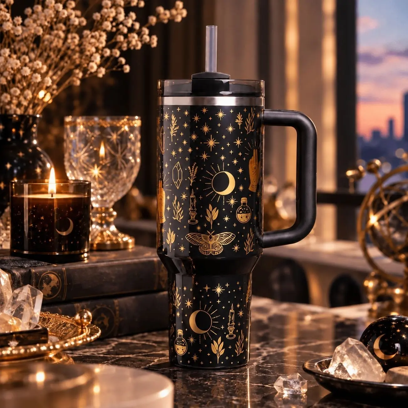 Black Magic Celestial Moon and Stars 40oz Insulated Tumbler with Handle, Black and Gold Stainless Steel Travel Cup
