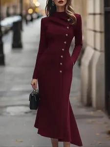 Women's Stand Collar Long Sleeve Fitted Maxi Dress, Fall Work Office Wedding Gown, Elegant Chic Bodycon Evening Party Dress