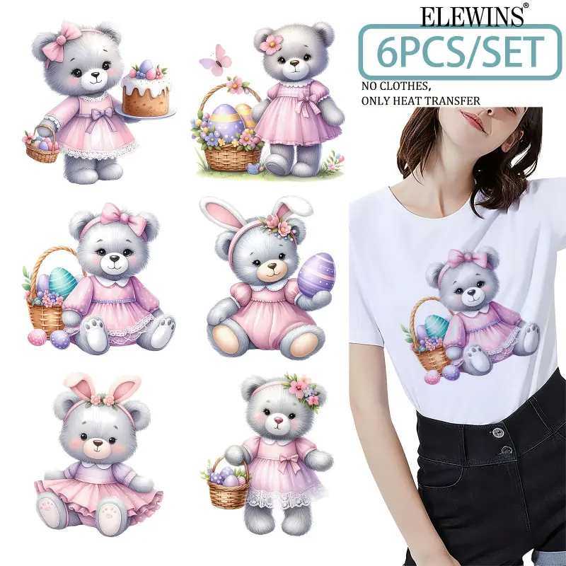 6-Piece Cute Teddy Heat Transfer Patch | PVC Heat Transfer Vinyl for T-Shirt, Jeans, Backpack, Hat - No-Sew Design, Multi-Color Teddy Pattern (Vinyl Material)