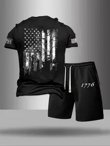 Two-Piece Set Men's American Flag Print Tee & Pocket Drawstring Waist Shorts Set, Regular Fit Casual Crew Neck Short Sleeve T-shirt & Track Shorts, Men's Clothing for Outdoor Wear