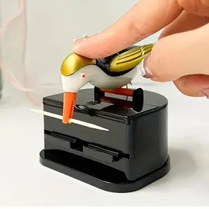 Woodpecker Automatic Toothpick Dispenser - One-Button Design, Durable ABS Resin Material with Black Base and White Gold Bird Decoration, Suitable Home Kitchen, Restaurant Table Decoration, Toothpick Organizer