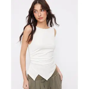 Cider Cotton-blend Boat Neck Ruched Asymmetrical Hem Top SwimWeek