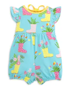 April Showers Rainboot Print Turquoise Baby Toddler Girls' Cotton Blend Knit Romper