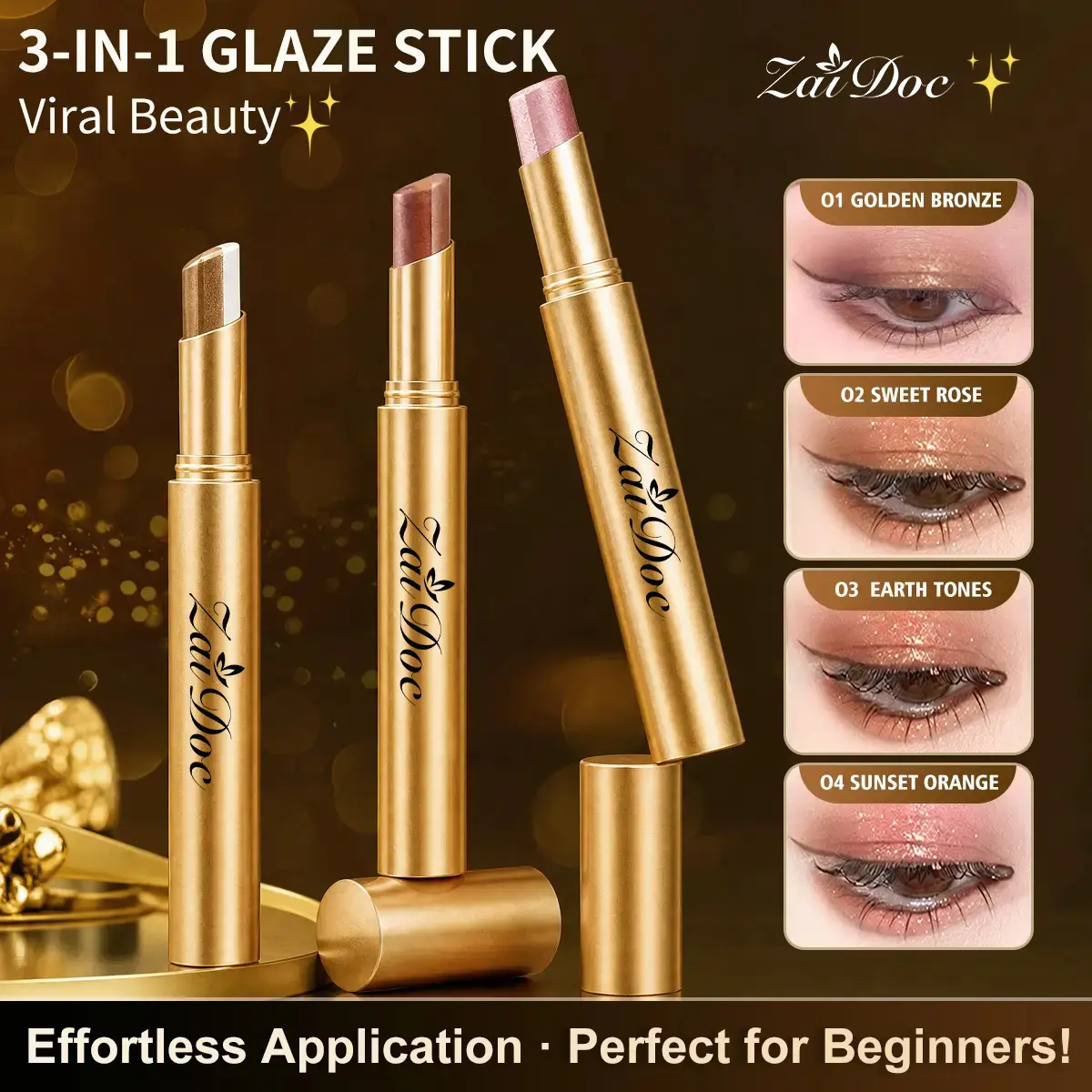 Buy 1 Get 3 Free!3-Color Eyeshadow Stick Gradient, Waterproof Long Lasting Creamy Shimmer Eye Shadow, Portable Smudge-Proof Glitter Makeup for Women, Day to Night (Fine Shimmer Brownish Orange)
