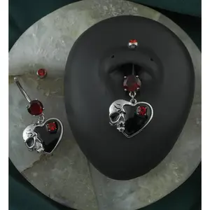 Skull Black Heart Red CZ Stainless Steel Belly Button Ring