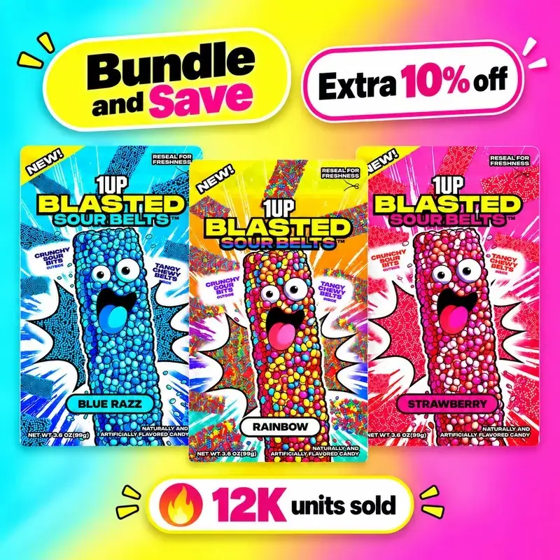 1UP Candy Blasted Sour Belts – Blasted Kit | Crunchy-Coated Sour Candy Variety Pack - 3 Bags Or 6 Bags