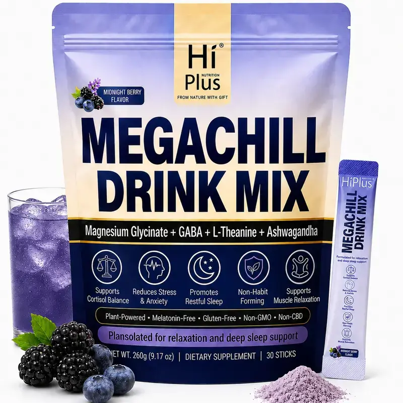 HiPlus MEGACHILL Drink Mix with KSM-66 Ashwagandha Vitamin D3 Magnesium & L-Theanine Supports Cortisol Balance Mood Sleep 30 Servings Travel Packets Dietary Supplement