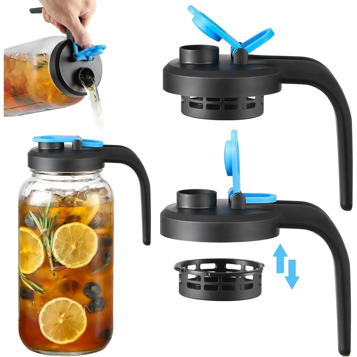 Mason Jar Pour Spout Lid with Removable Filter - 2-Pack Flip Lid Water Jar Lid with Handle Suitable for Ball, Kerr, and Other Brands - Leak-Proof Sealing Lid, Dishwasher Safe, Food-Grade Material