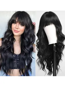 Human hair wig, with bangs, 2x3 lace wig, wavy hairstyle, fluffy wave wig, 180% density Brazilian human hair glueless and laceless front wig, natural color