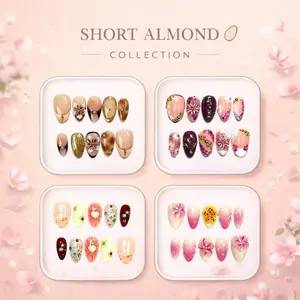GakuNails Short Almond Collection - 20mm Length Handmade Press On Nails with Toolkit & Reusable Design for Eco-Friendly Beauty Glitter Base French Tip French Tips Gel
