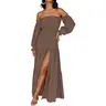 ZESICA Women's 2025 Boho Sexy Off Shoulder Long Sleeve Smocked High Waist Side Split Flowy A Line Tiered Long Maxi Dress