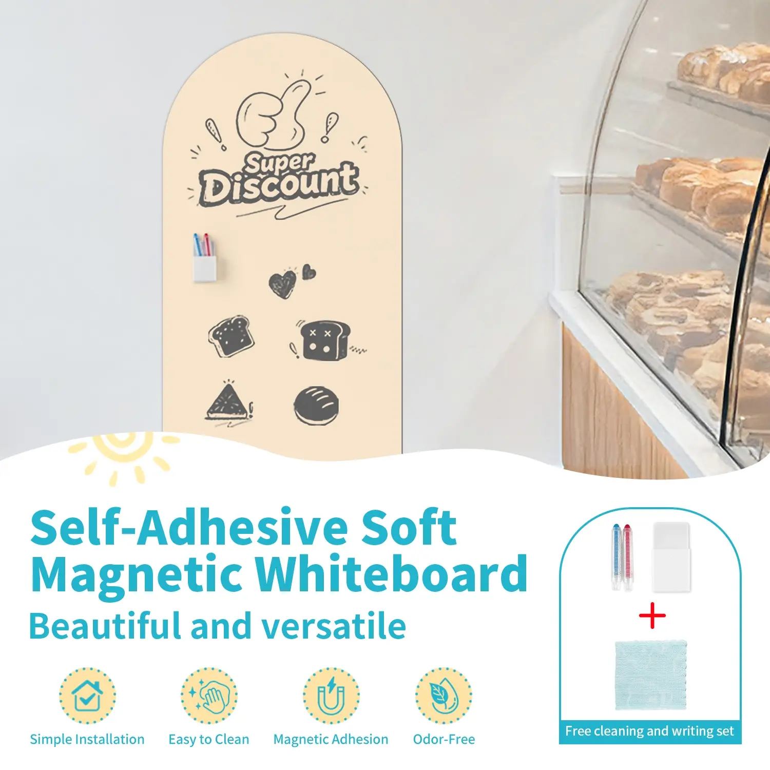 Arc-Shaped Whiteboard Sticker, Easy Peel-And-Stick Design, Magnetic Surface for Home Office Wall Decor, Ideal for Drawing Graffiti Teaching, Reusable Doodle Boards