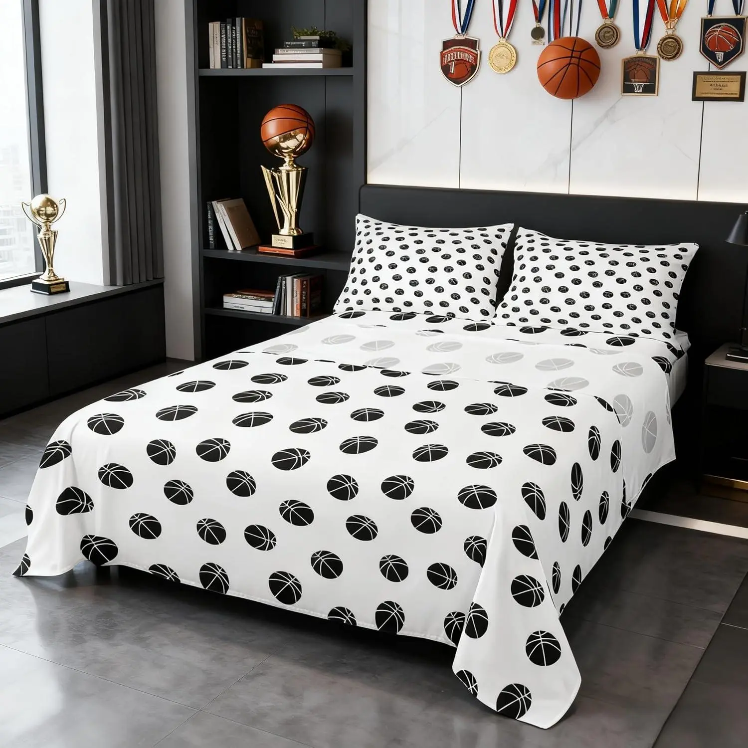 Basketball Kids Sheet,Ball Sports Games Bedding Set,Girls Boys Adults Room Decor,Ball Simple Style Fashion Black White Chic Bed Sheet Set,(Fitted + Flat Sheet)