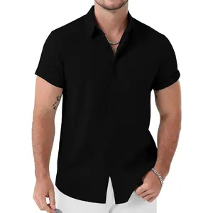 Men's Stretch Linen-Like Short Sleeve Button Down Shirt - Summer Casual Beach Vacation Wedding Texture Shirt, Lightweight Breathable Fabric, Perfect for Parties Daily Wear
