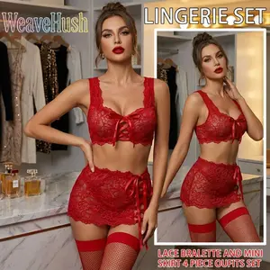 Women's 3-Piece Soft Comfy Lingerie Set - Sexy Sheer Lace Floral Strappy Bra, Mini Skirt, Briefs, Stockings, Micro-Stretch Sexy Sports Underwear, Ideal Valentine's Day Gift & Daily Wear