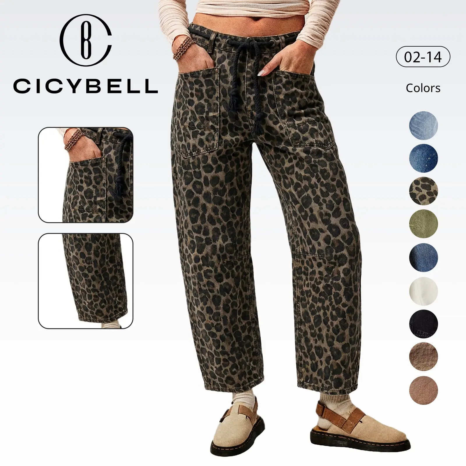 Cicy Bell Womens Baggy Barrel Horseshoe Jeans Wide Leg Drawstring Vintage Denim Pants with Front Pockets