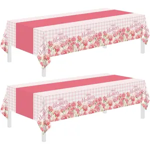 2 Pack Mothers Day Tablecloth,Mothers Decorations 54" x 108" Disposable Plastic Tablecloth,Mothers Table Cloth Plastic Pink Table Cover for Party Supplies,Birthday,Home,Dinner,Indoor,Outside Picnic