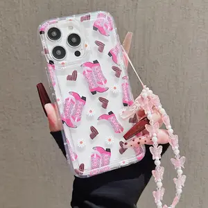 Fashionable Boots Pattern Phone Case with Beaded Lanyard, Decorative Phone Protector Cover, Phone Accessories Compatible with iPhone 11 12 13 14 15 Pro Max, Casing