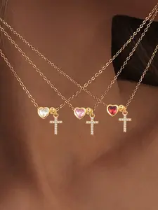 Women's Stainless Steel Chain Necklace, Heart-Shaped Cross Pendant Design, Casual Style Jewelry for All Seasons, Multicolor Artificial Crystal