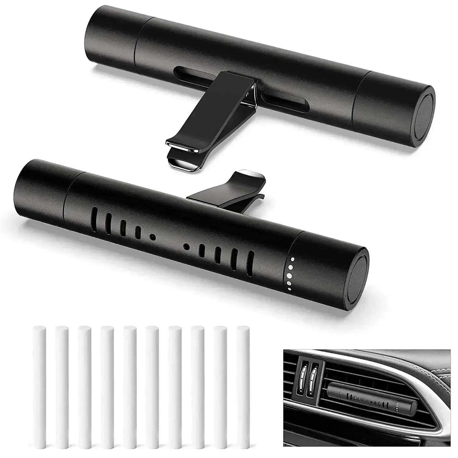 Long Cylinder Essential Oil Clip-On Stick Diffuser, Universal Vent Clamp Mount, 10 Refill Sticks, Fragrance Control, Silicone Components, Rotatable Ports, Black Velvet Bag Included for Car, Kitchen, Office (Works with Any Desired Essential Oil)