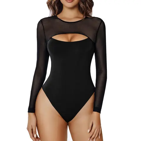 Avidlove Bodysuits for Women Round Neck Shapewear Bodysuit Long Sleeve Bodysuit Sexy Mesh Top Double Lined Cutout Shirt