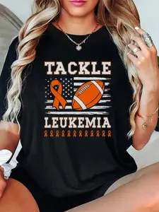 Unisex 100% Cotton Tackle Leukemia US Flag Orange Ribbon Football Comfort Colors Adult Heavyweight Tee – Cute & Cozy, Casual Everyday Style, Perfect for Her