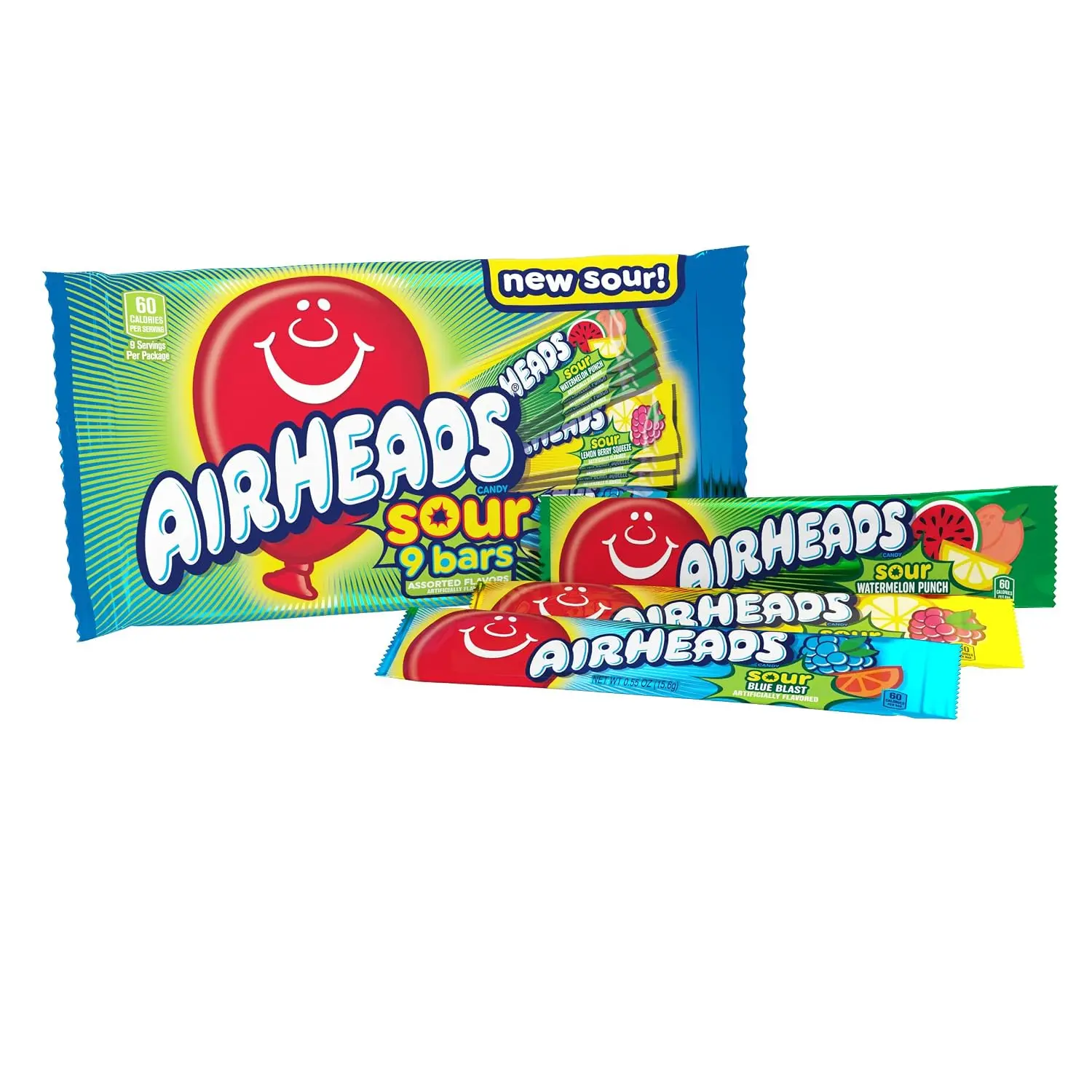 Airheads Sour Full-Size Candy Bars, Taffy Variety Pack, 9 Count Bag | Individually Wrapped Bulk Candy, Three Assorted Flavors