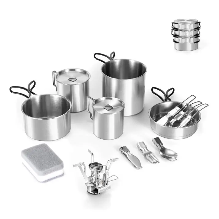 Odoland 13pcs Stainless Steel Camping Cookware Camping Pots and Pan Set with Portable Camping Stove Camping Mess Kit with Cups Forks Knives Spoons for Hiking Backpacking and Picnic